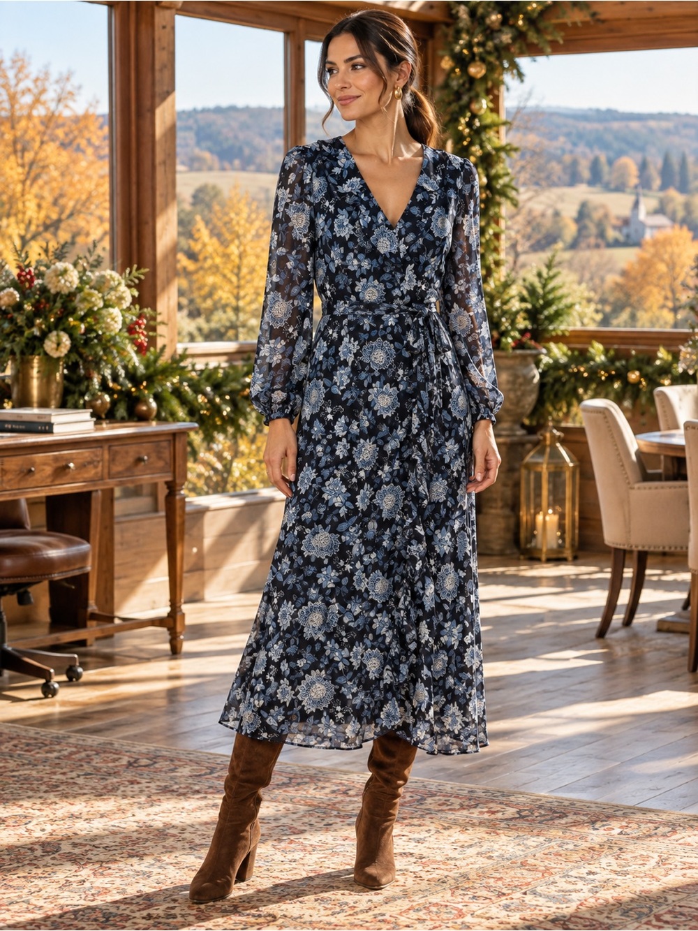 Joie Navy Floral Long Sleeve Maxi Dress with Light Blue Blooms